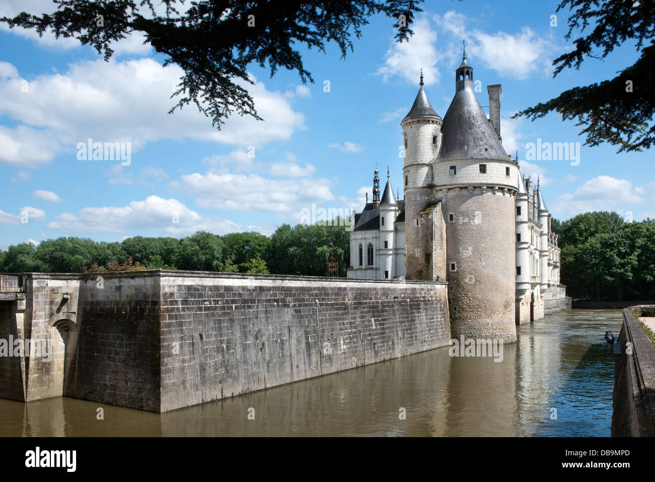 Eine Landschaftsansicht Château Chenonceau im Loire-Tal, Frankreich zeigt den Fluss und die Türme Stockfoto