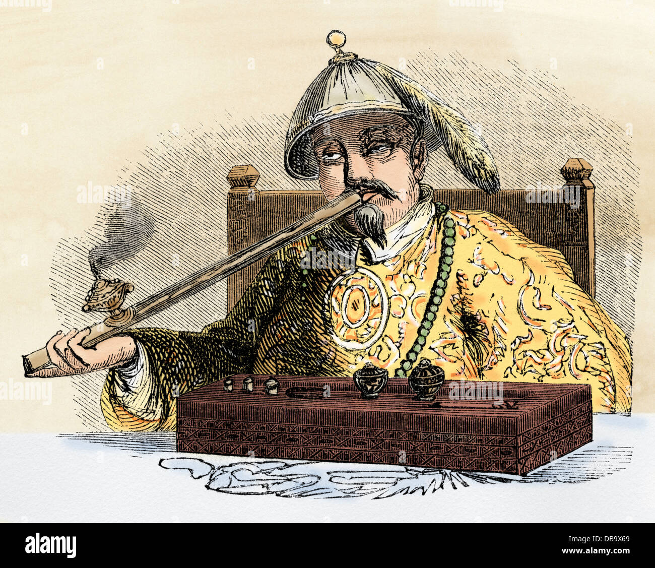 Opiumpfeife geräuchert in China, 1850. Hand - farbige Holzschnitt Stockfoto