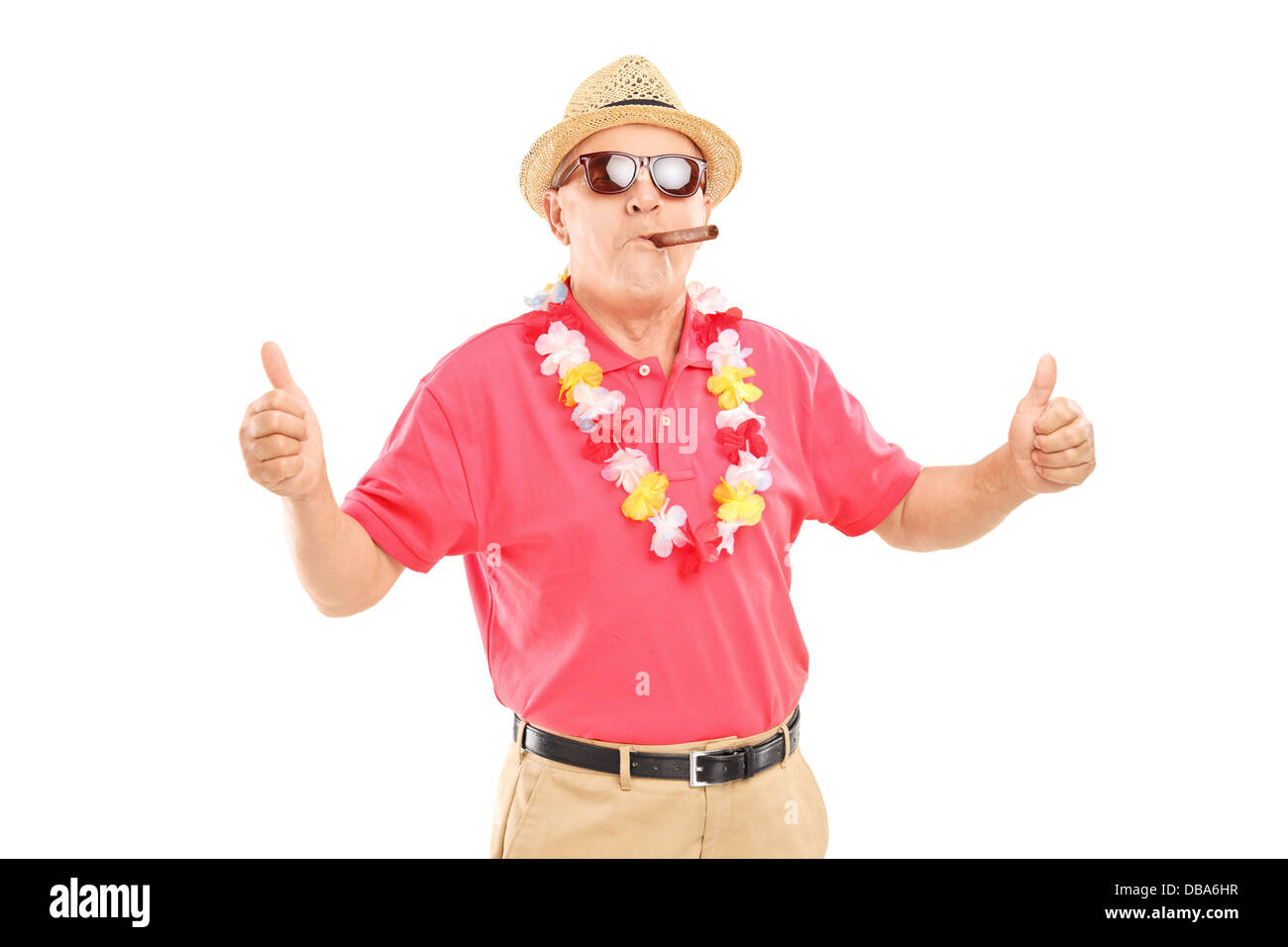 Reifer Mann raucht eine Zigarre und geben Daumen hoch Stockfoto