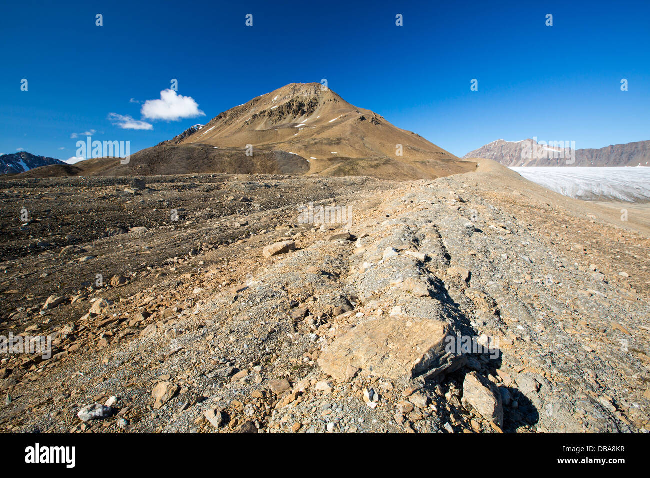 Ein Gletscher am Recherchefjorden auf westlichen Spitzbergen mit Moräne zeigen die massiven Rate des Rückzugs Stockfoto