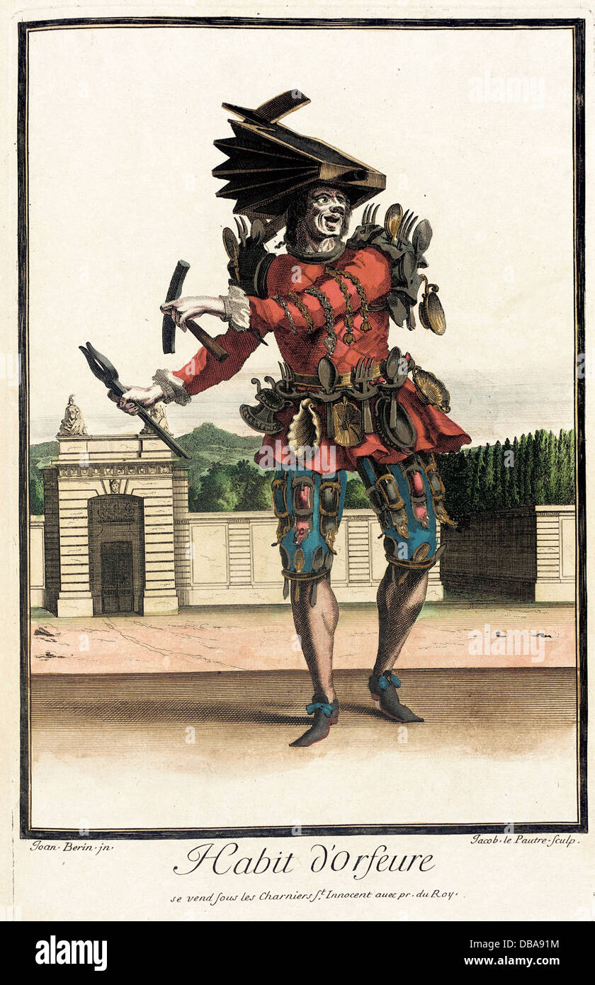 Diese Illustration mit dem Titel „Habit d'Orfeure“ zeigt eine Mode des französischen Hofes und spiegelt die raffinierte Kleidung wider, die von Höflingen während dieser Zeit getragen wurde. Das Kunstwerk hebt das detaillierte Modedesign der damaligen Zeit hervor und zeigt ein bestimmtes Stück Hofkleidung. Stockfoto