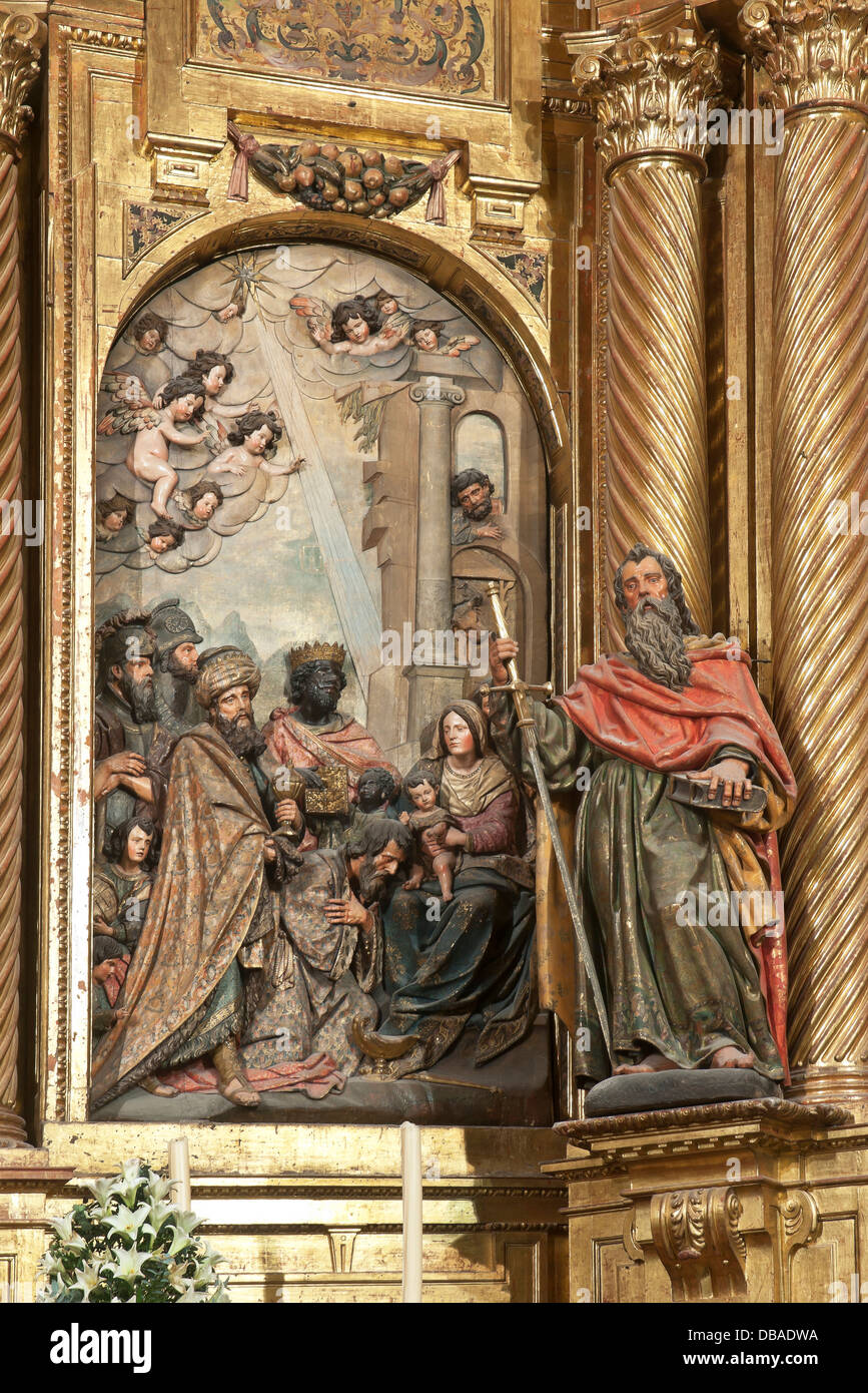 Kirche des Heiligen Michael Altarbild-17. Jahrhundert, St. Paul und «Die Anbetung der Heiligen drei Könige», Jerez De La Frontera, Spanien, Europa Stockfoto