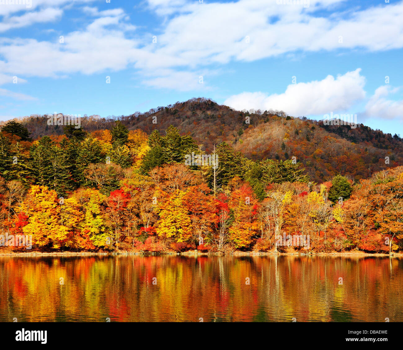 Berge und See Chuzenji in Nikko, Japan. Stockfoto