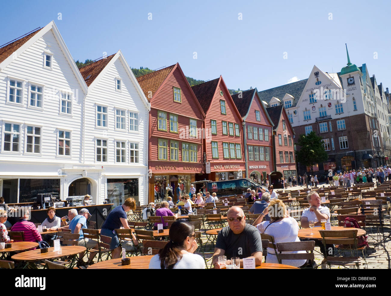 Bergen Norwegen Europa erhaltenen Holzbauten Bryggen auf Welt renommierte Hanseatic Wharf Stockfoto