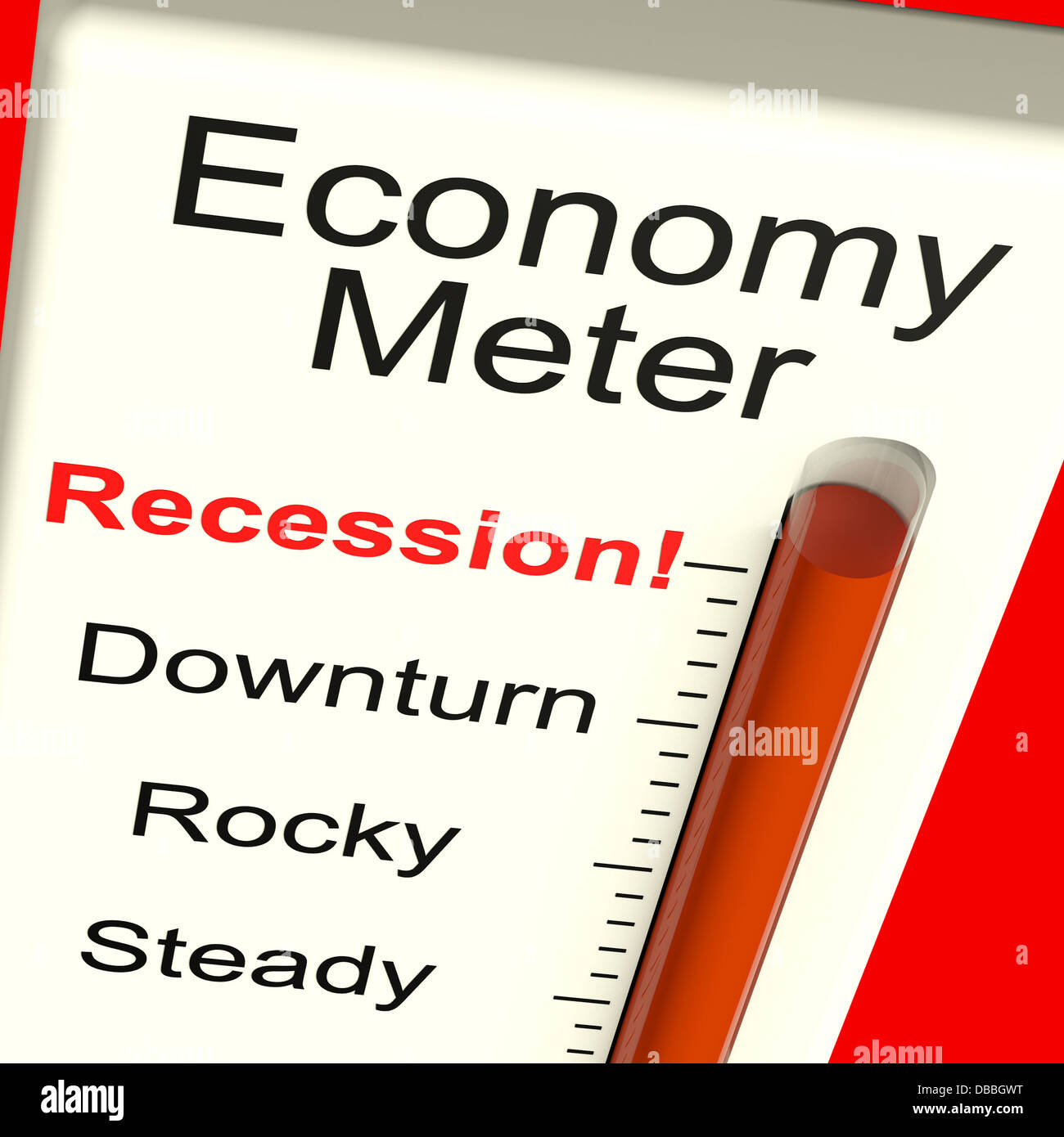 Wirtschaft-Meter zeigt Rezession und Abschwung Stockfoto