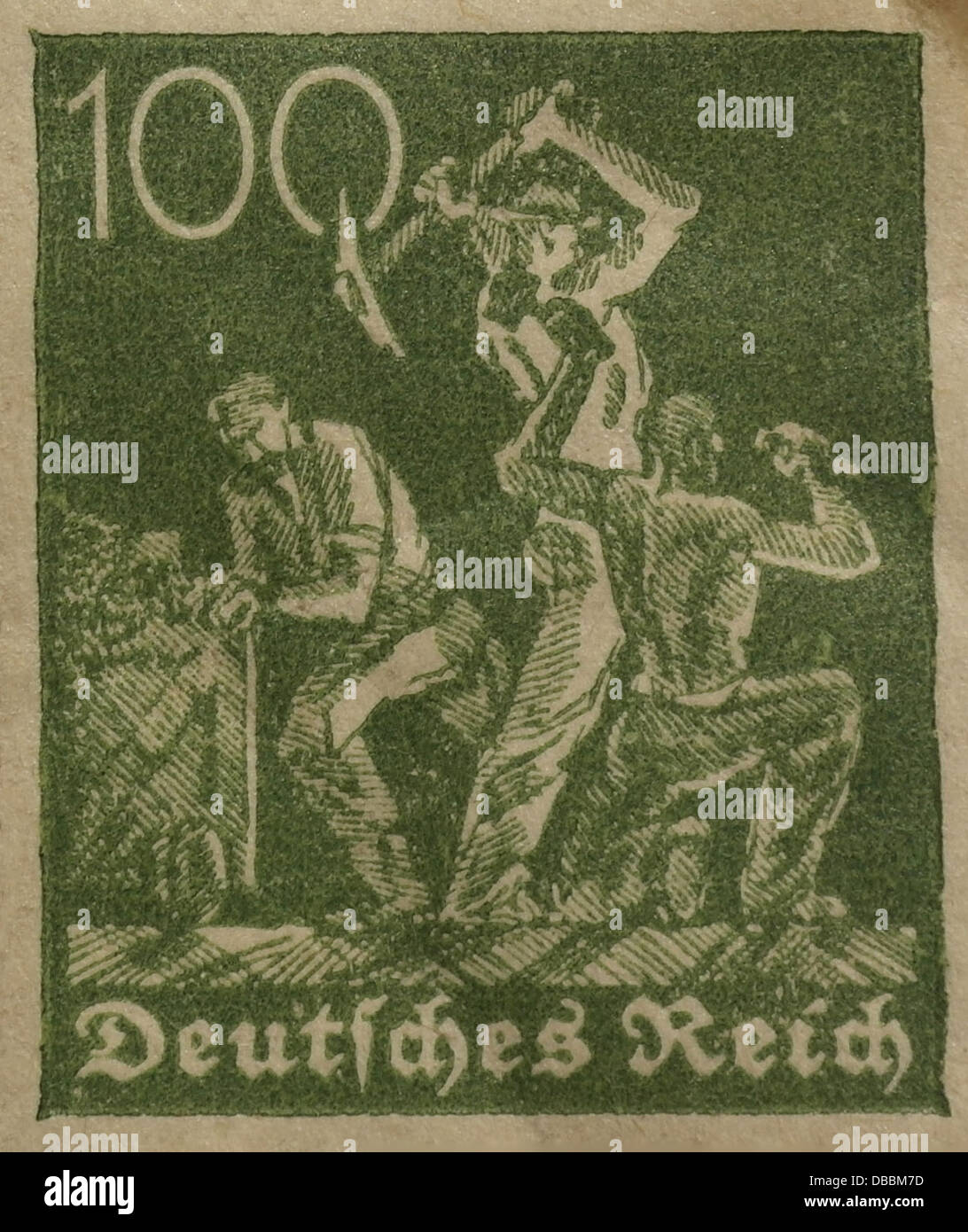 Grün 100 Pfennig Briefmarke zeigt Bergleute bei der Arbeit, ausgestellt im Jahre 1921, vor einer Hyperinflation, von der Weimarer Republik, Deutschland Stockfoto