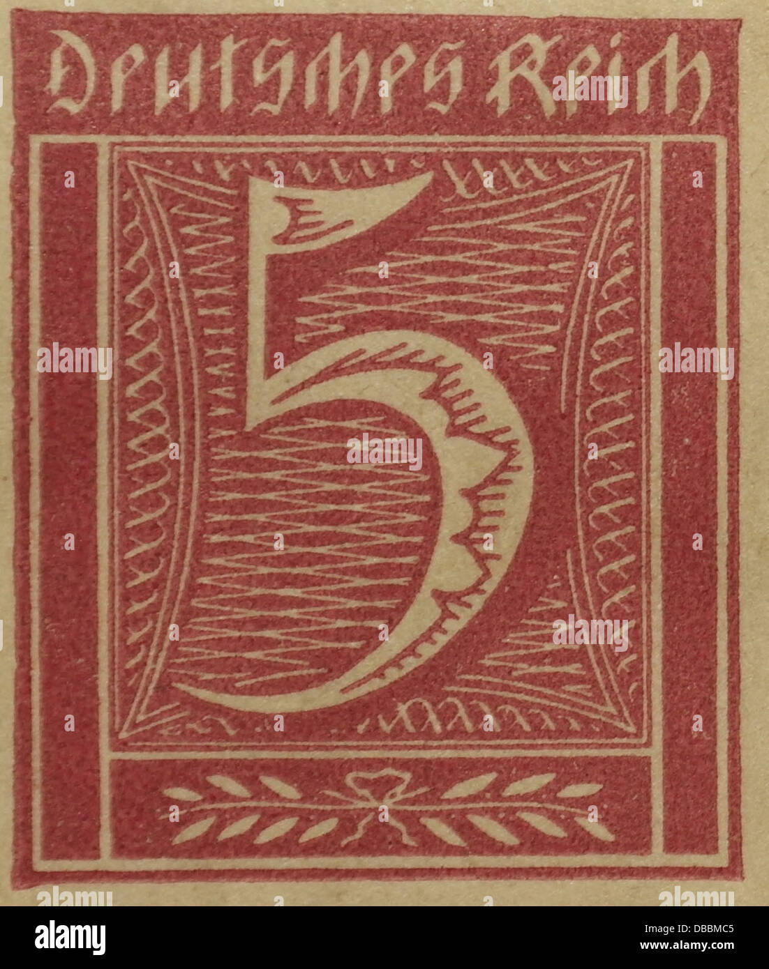 Rot braun 5 Mark Deutsches Reich Weimarer Republik Briefmarke herausgegeben Deutschland, 1921 Stockfoto