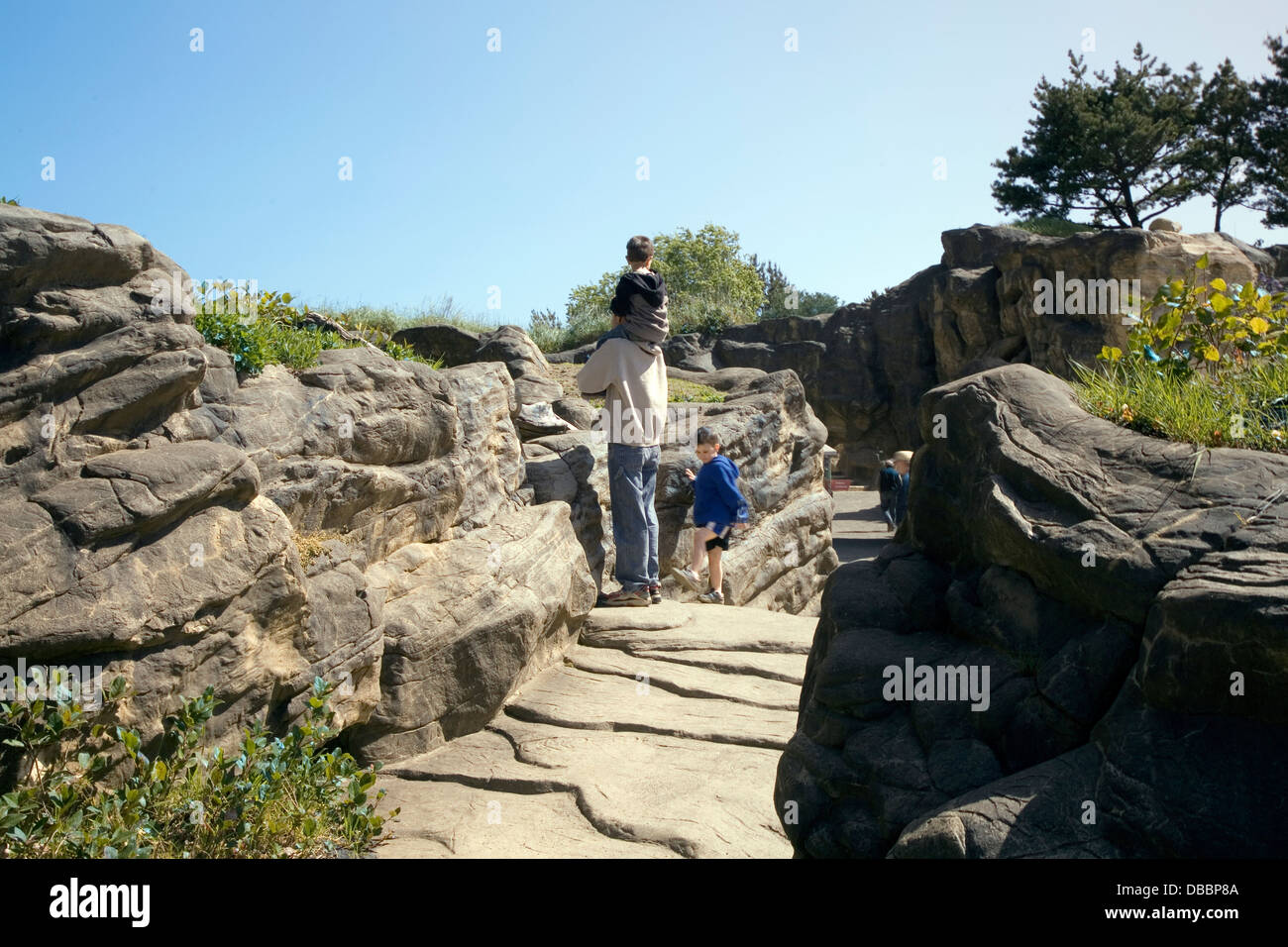 Besucher erkunden die Outdoor-marine Lebensräume in Oregon Coast Aquarium in Newport, Oregon, USA Stockfoto