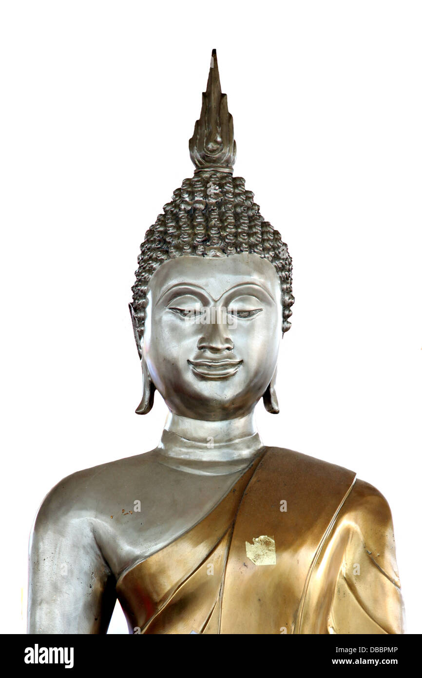 Buddha sah Gesicht so glücklich auf weißem Hintergrund. Stockfoto