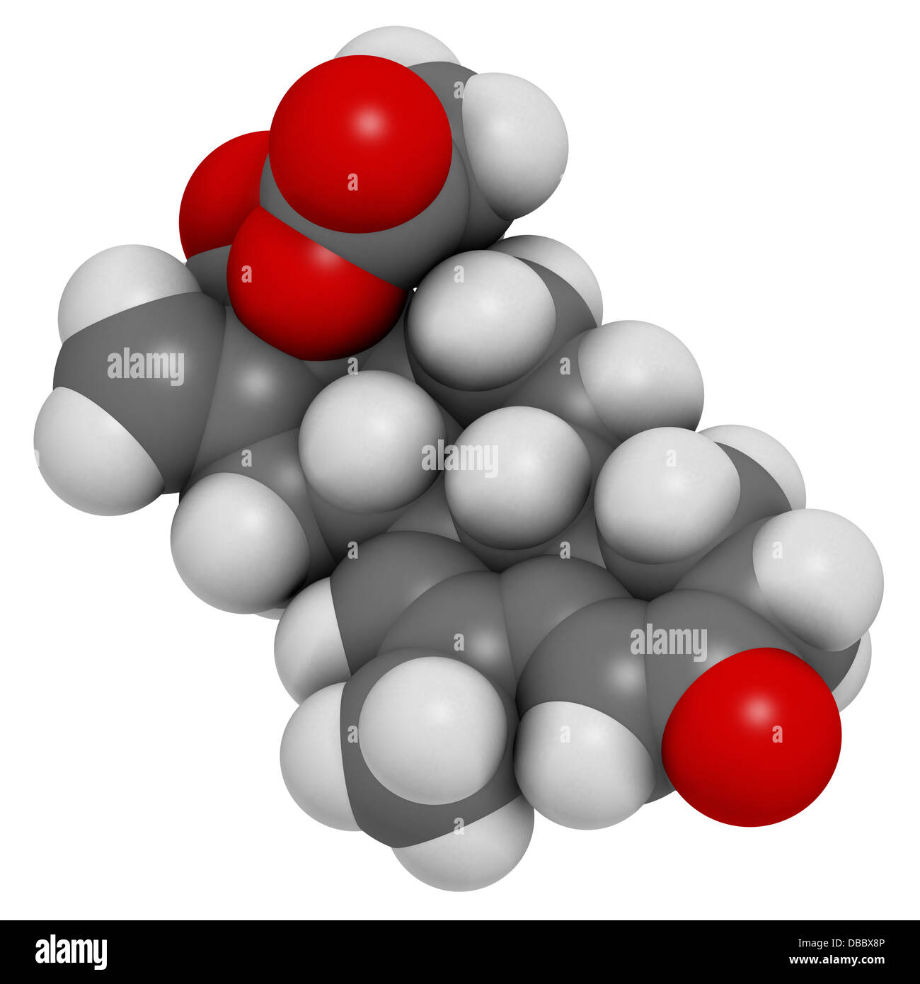 Melengestrol Acetat (MGA) Vieh Wachstumsförderer. Atome werden als Kugeln mit konventionellen Farbkodierung dargestellt. Stockfoto