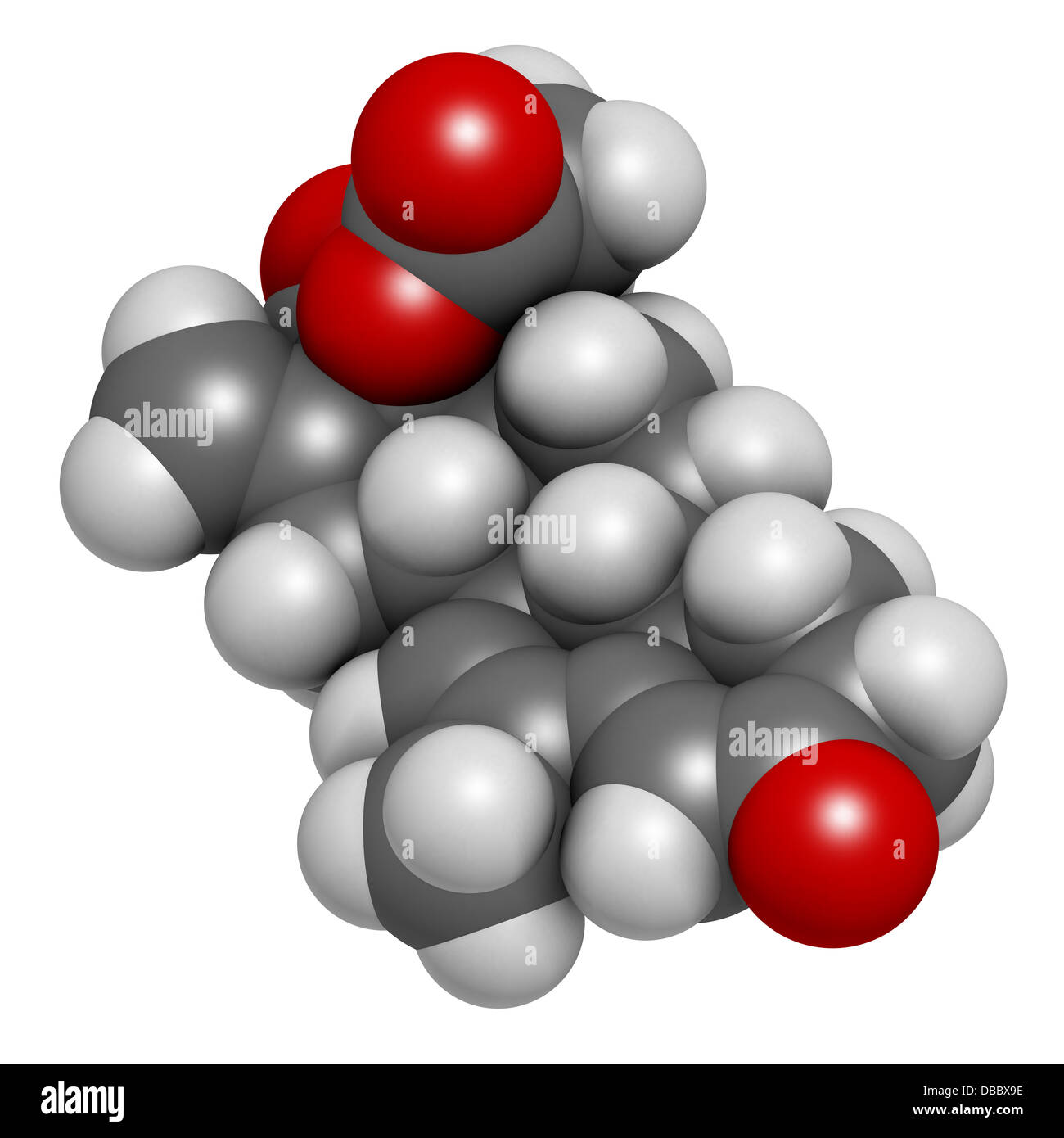 Melengestrol Acetat (MGA) Vieh Wachstumsförderer. Atome werden als Kugeln mit konventionellen Farbkodierung dargestellt. Stockfoto