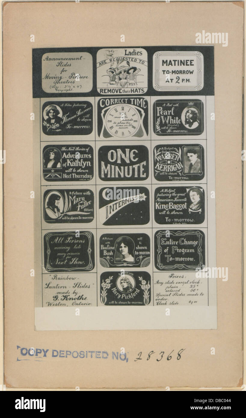 Ankündigung-Folien für Bewegtbild-Theater (HS85-10-28368) Stockfoto