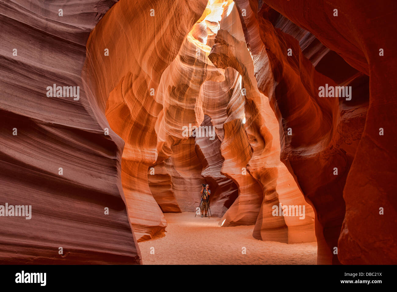 Fotograf in Upper Antelope Canyon, Page, Arizona. Stockfoto