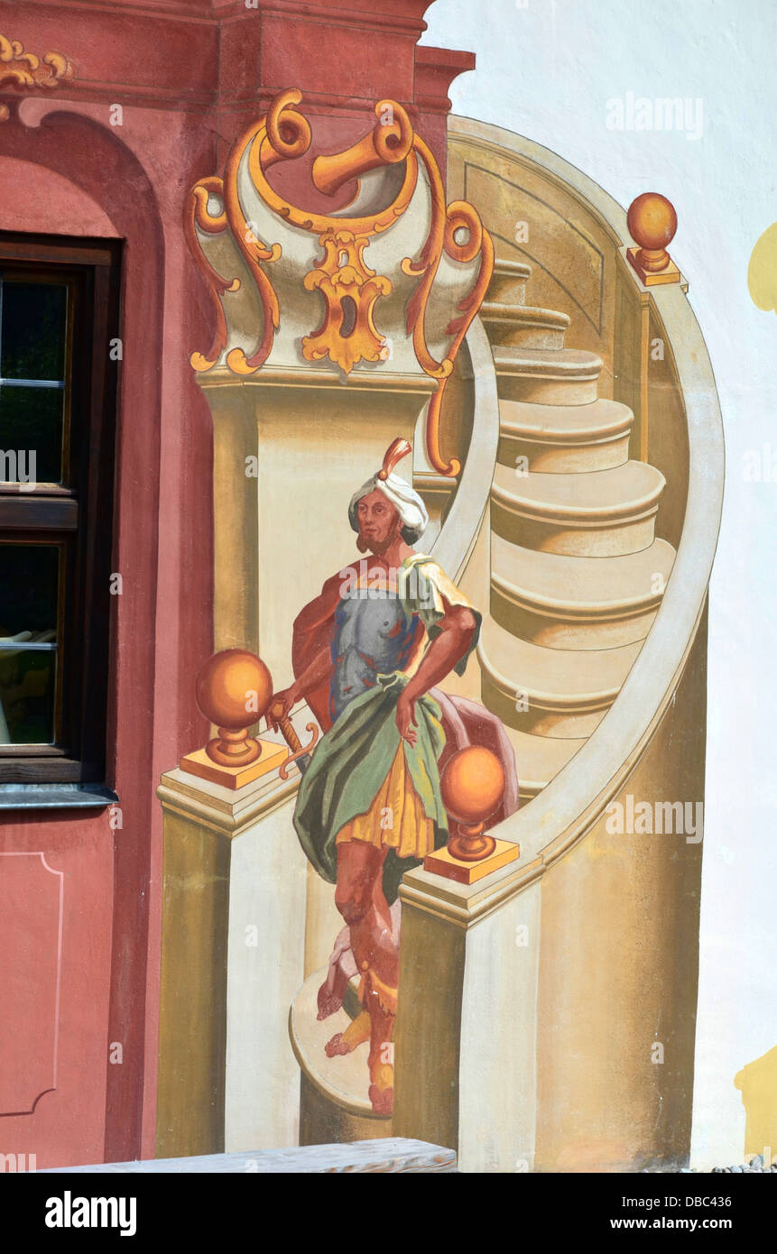 Oberammergau Bayern Lüftlmalerei Fresko Fresken architektonische Trompe-l'œil Stockfoto