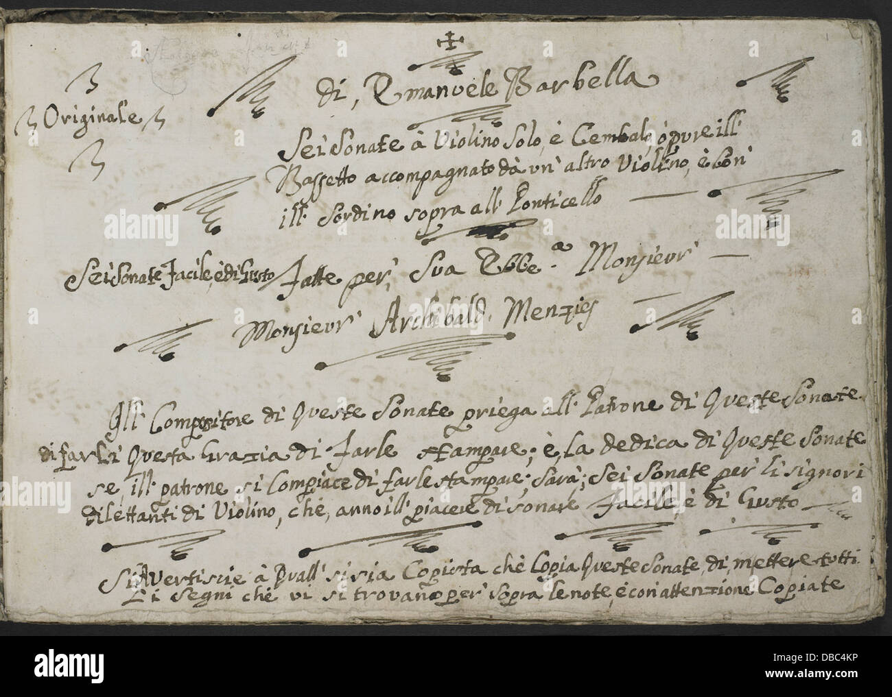 Eine musikalische Partitur von Emanuele Barbella mit sechs Sonaten für Violine und Cembalo. Stockfoto