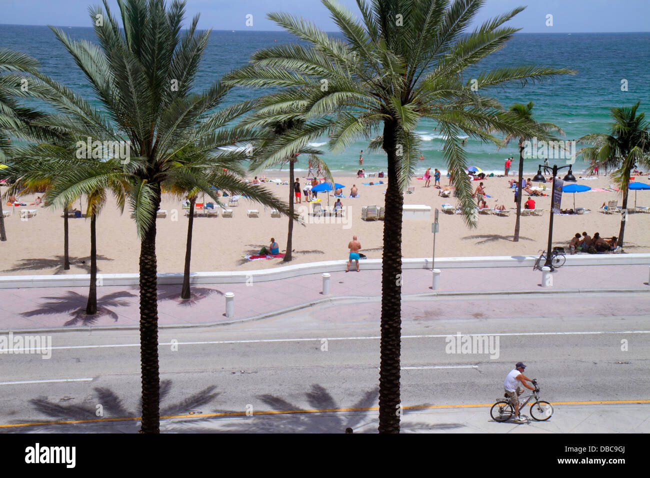 Fort Ft. Lauderdale Florida, South Fort Lauderdale Beach Boulevard, A1A, Sonnenanbeter, Atlantischer Ozean, Sand, Palmen, Ufermauer, Meeresmauer, Biker-Fahrrad Stockfoto