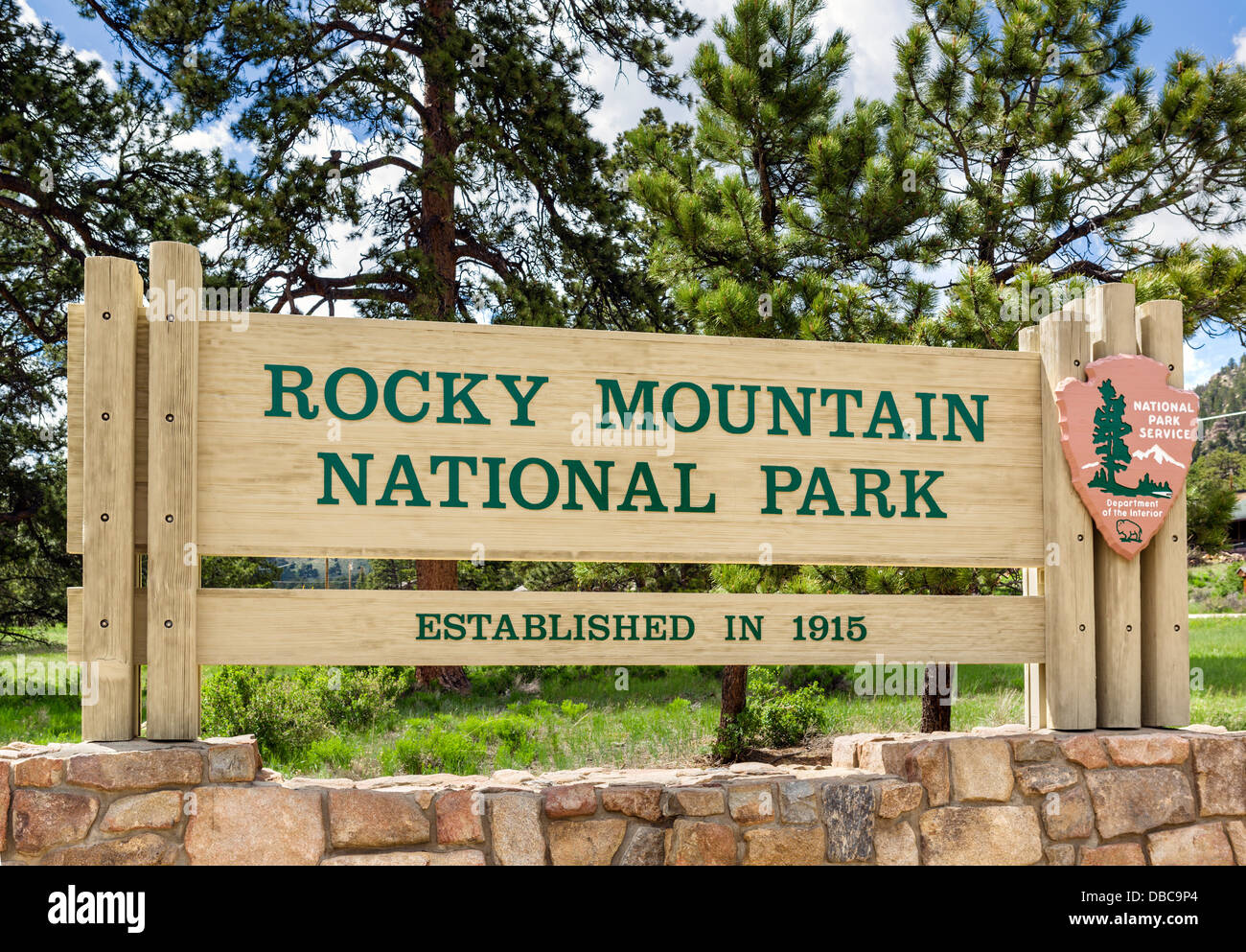 Eingangsschild zum Rocky Mountain National Park, Colorado, USA Stockfoto