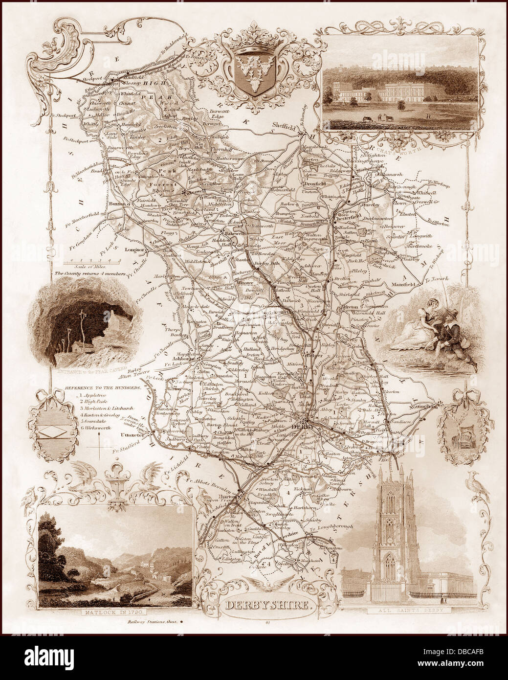 1840er Jahren viktorianische Karte von Derbyshire Stockfoto