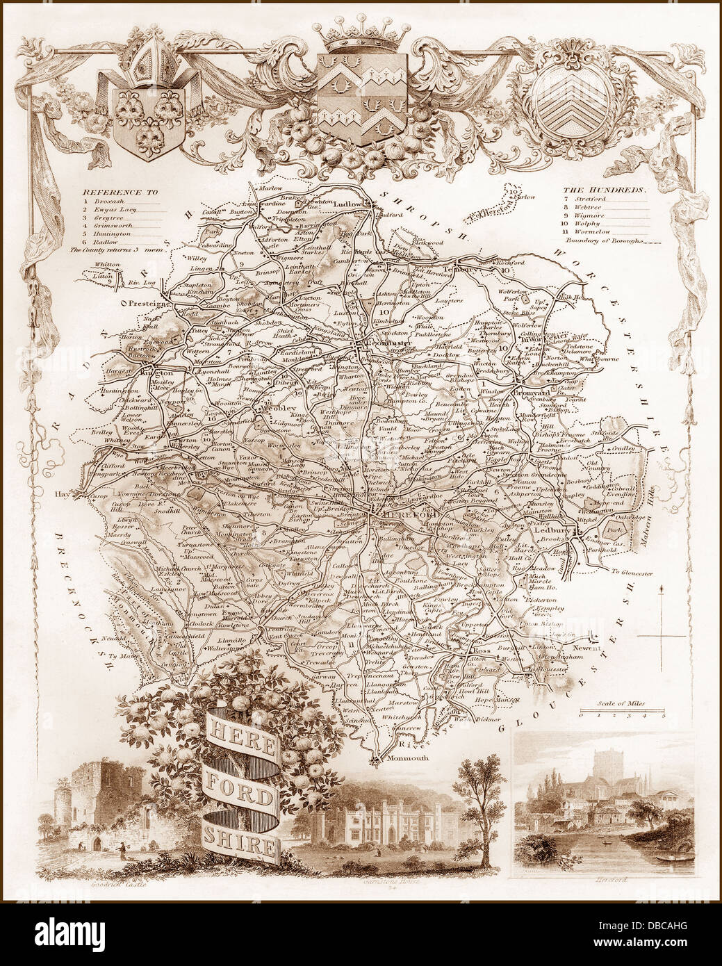 1840er Jahren viktorianische Karte von Herefordshire Stockfoto