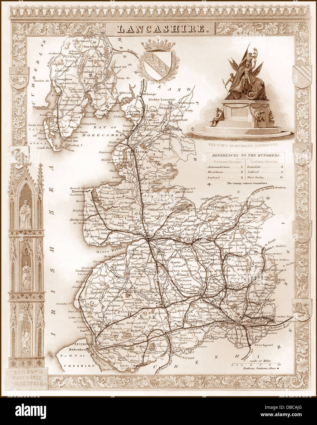 1840er Jahren viktorianische Karte von Lancashire Stockfoto