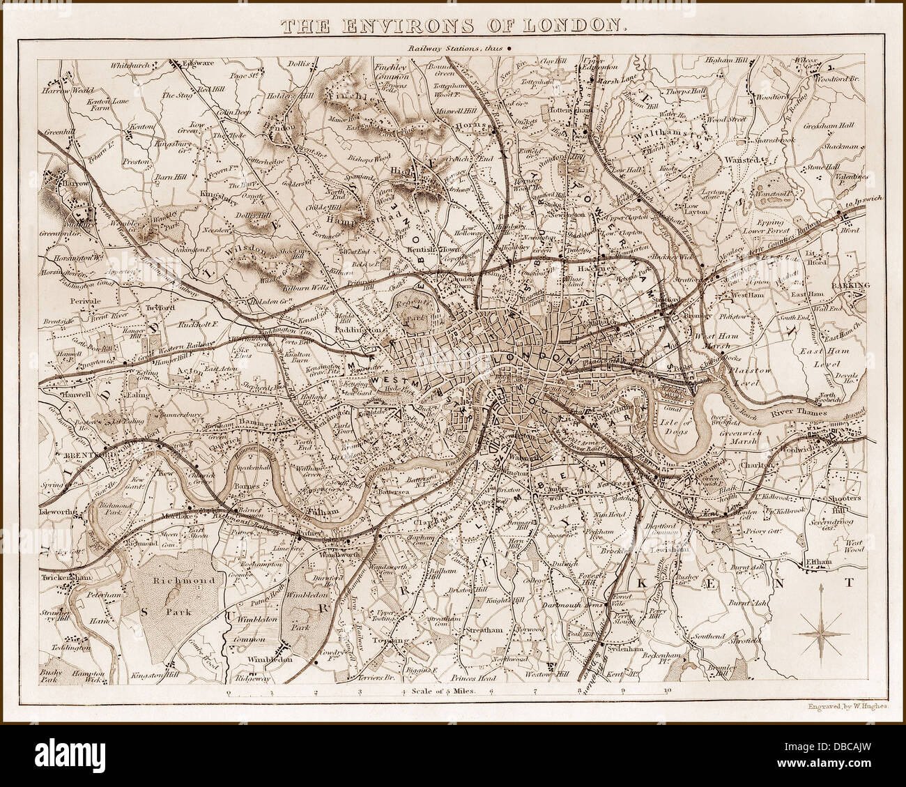 1840er Jahren viktorianische Karte von Greater London Stockfoto