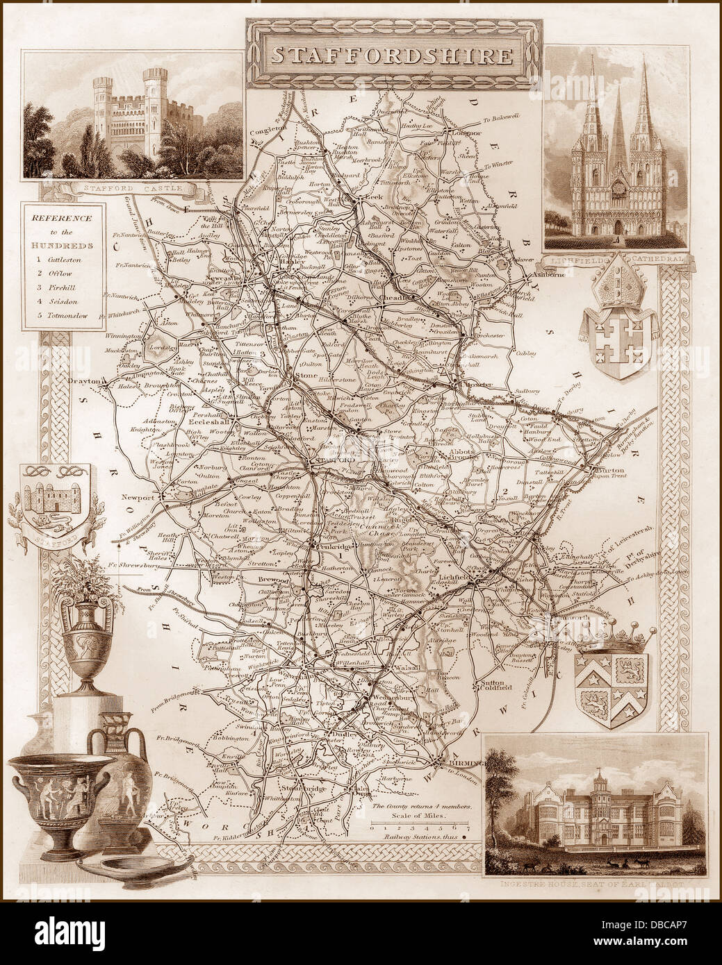 1840er Jahren viktorianische Karte von Staffordshire Stockfoto