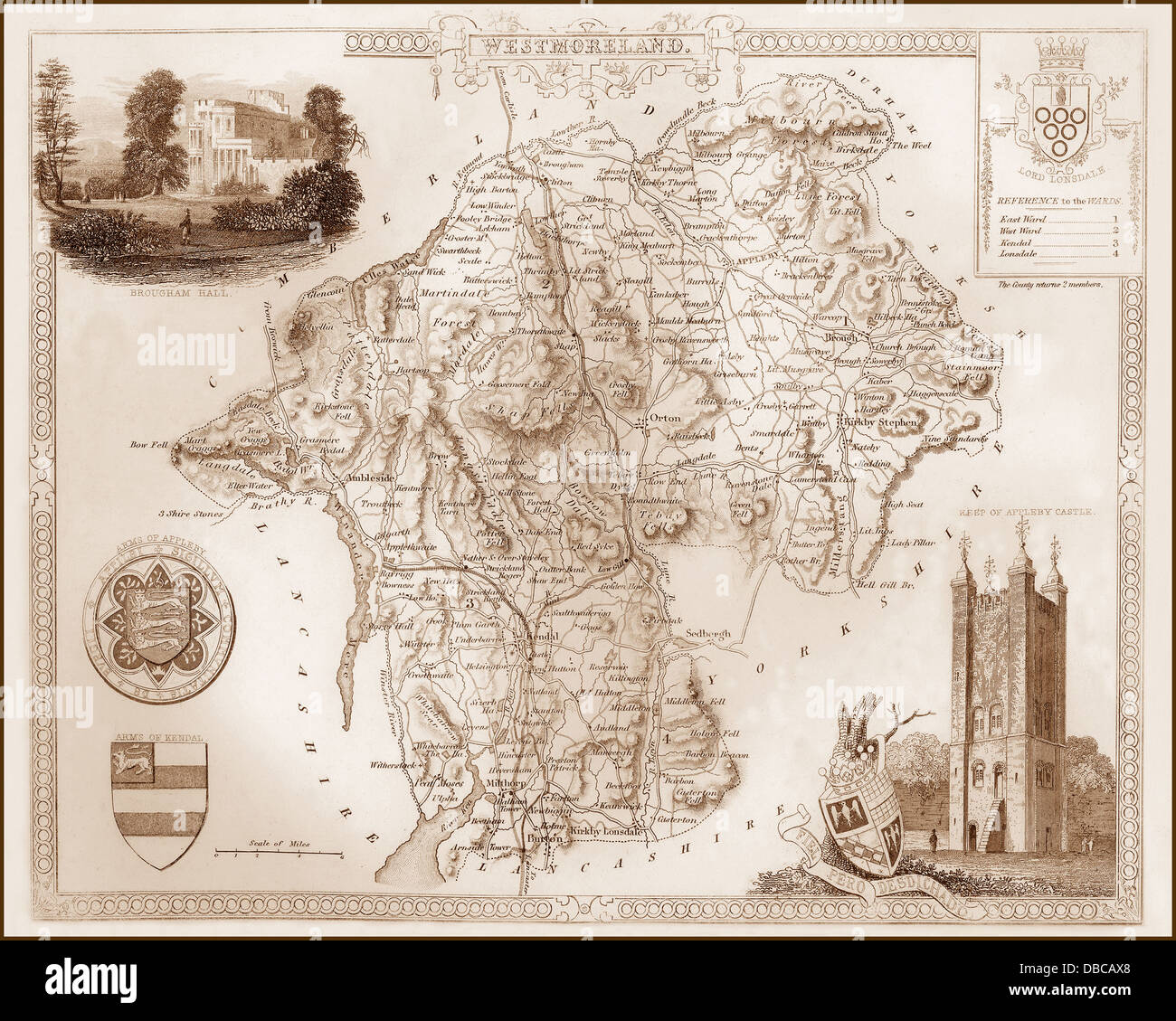 1840er Jahren viktorianische Karte von Westmorland Stockfoto