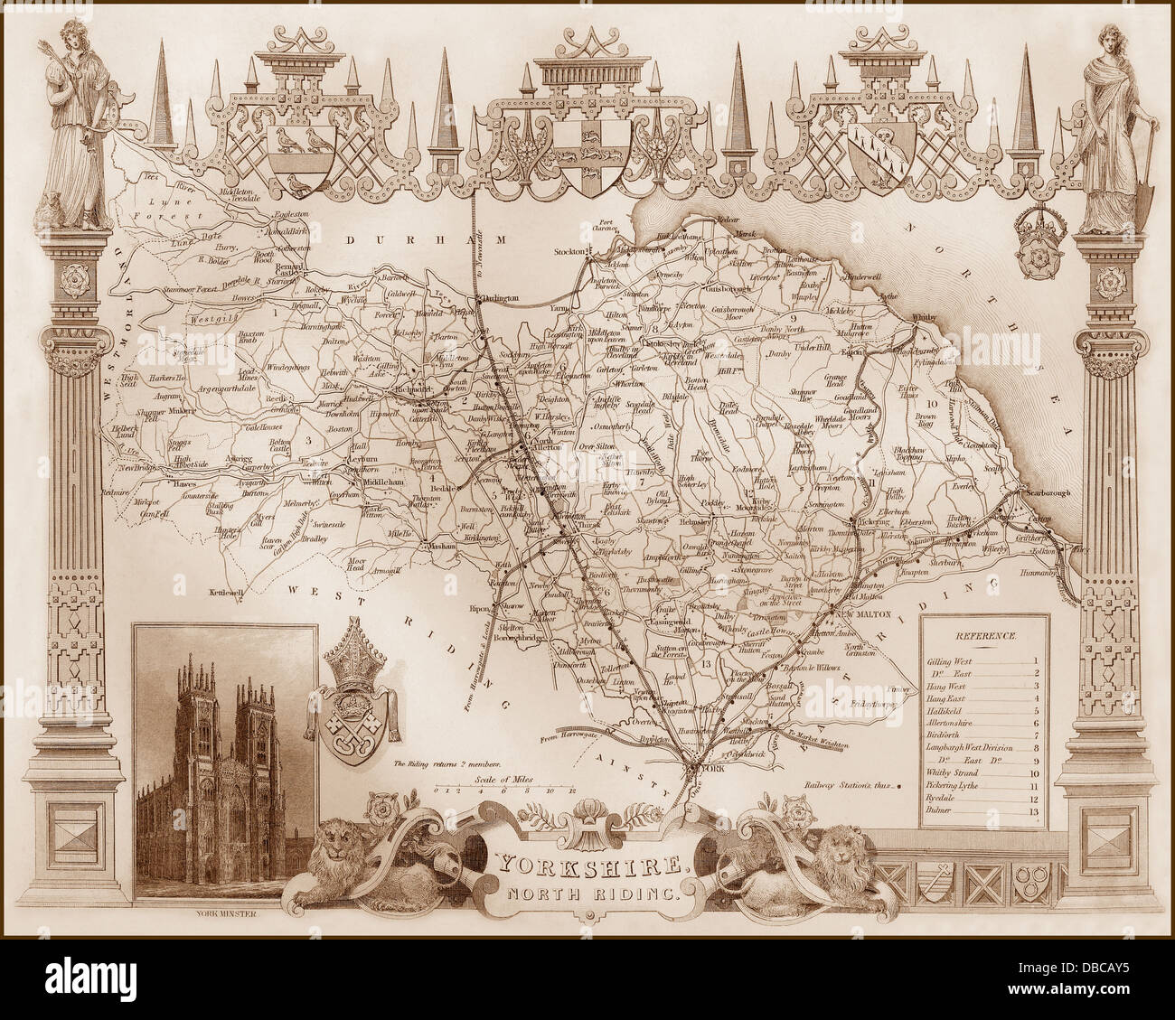 1840er Jahren viktorianische Karte von North Riding of Yorkshire Stockfoto