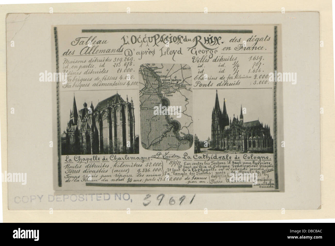 Dieses Bild mit dem Titel „L'Occupation du Rhin“ zeigt wahrscheinlich die französische Besetzung des Rheingebiets nach dem Ersten Weltkrieg, ein bedeutendes historisches Ereignis. Stockfoto