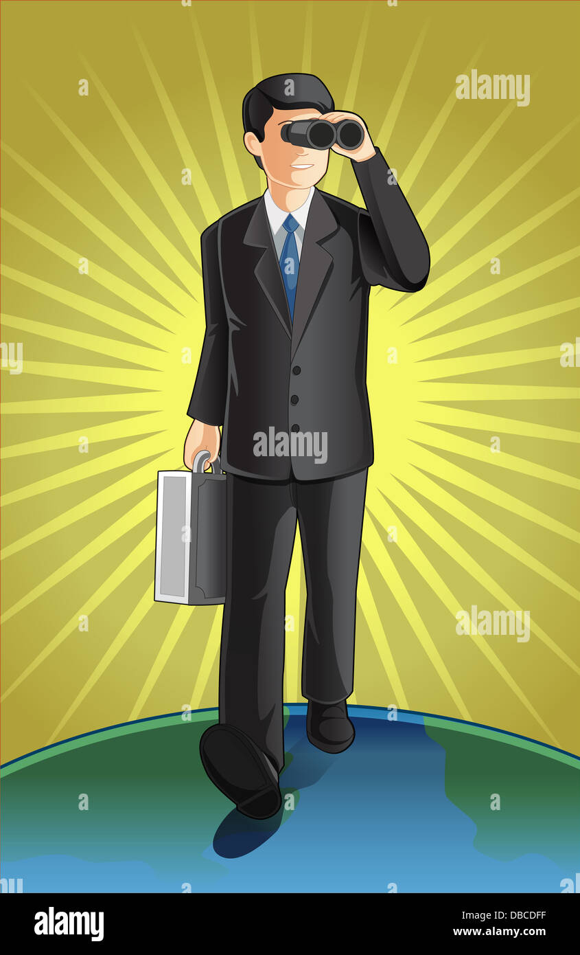 Anschauliches Bild der Geschäftsmann mit Aktenkoffer Blick durch ein Fernglas, Marktanalyse darstellt Stockfoto
