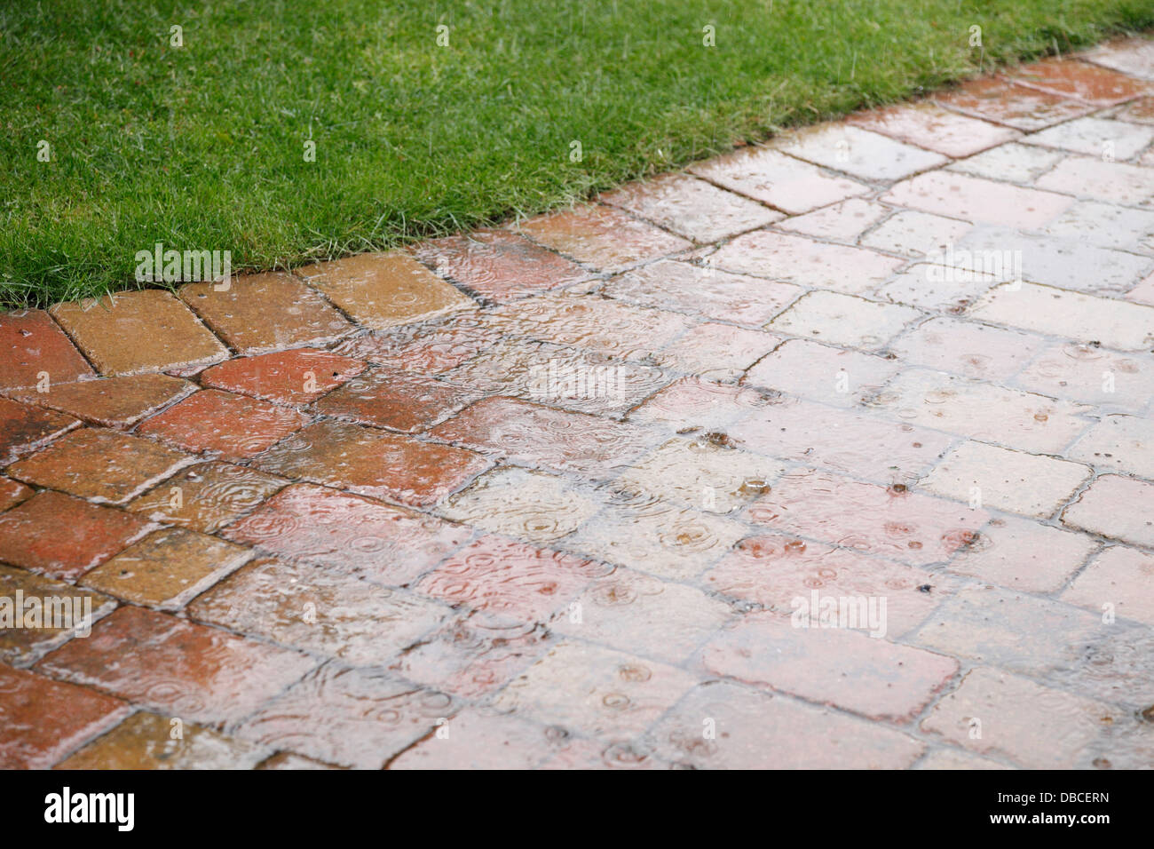 Schwere Regentropfen auf rustikalen aus rotem Backstein Innenhof Pflasterung in UK Garten mit porösen Fugen als Oberflächenwasser Sickerschacht spritzt Stockfoto