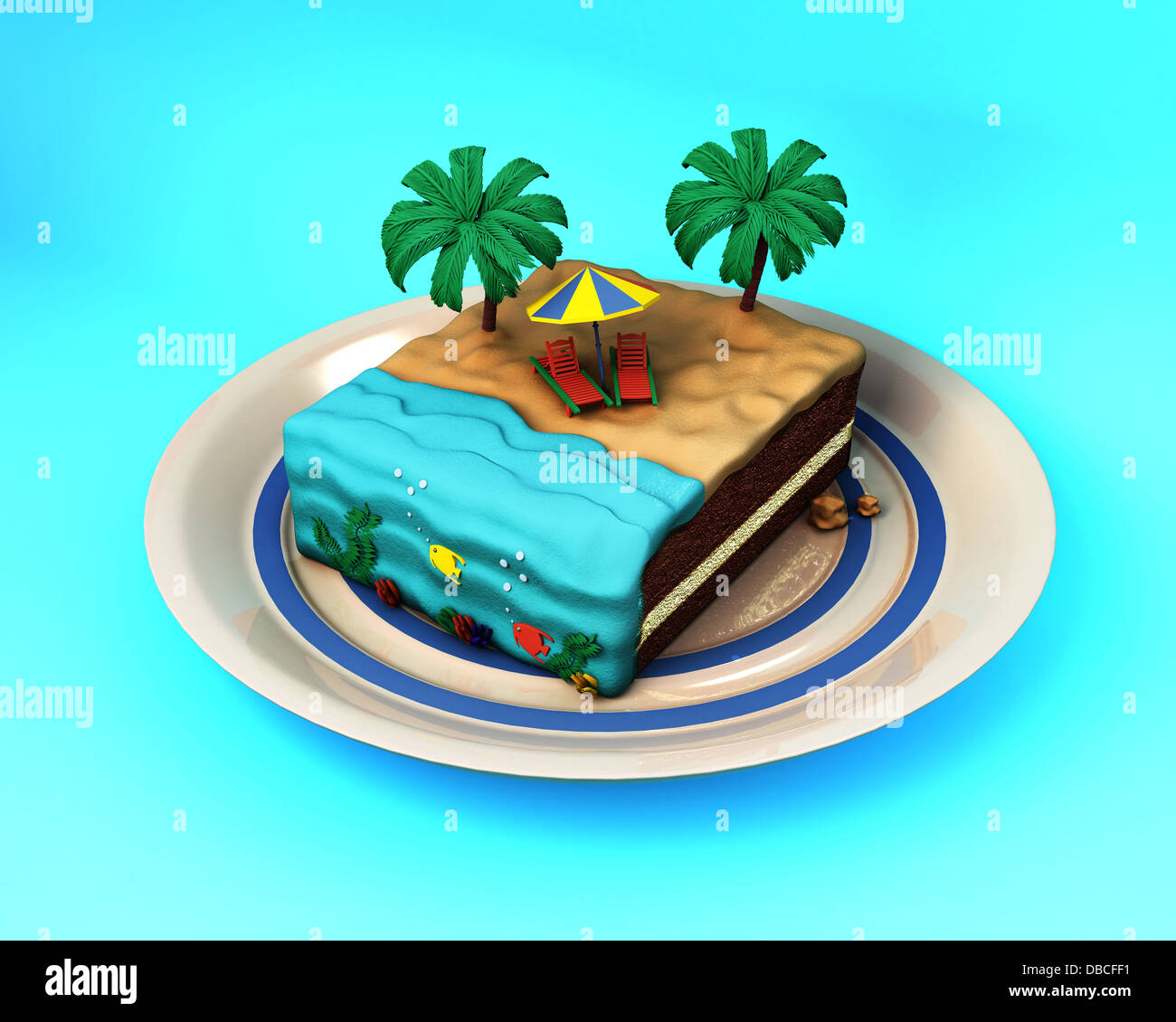 Anschauliches Bild Torte mit Strand-Konzept für Urlaub Stockfoto