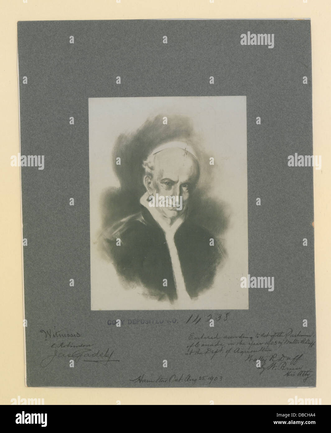 Eine Fotolithografie von Papst Leo XIII., der von 1878 bis 1903 das Oberhaupt der römisch-katholischen Kirche war, spiegelt sein Papsttum und seine historische Bedeutung wider. Stockfoto