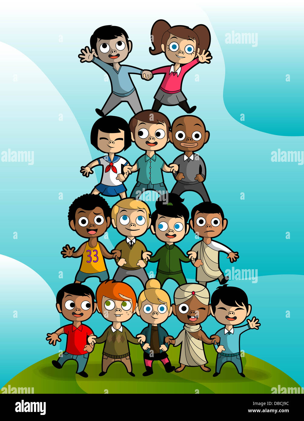 Illustration des Multi-ethnischen Kinder bilden Pyramide Stockfoto