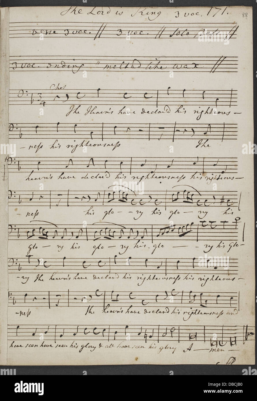 Dieses Manuskriptfragment enthält eine musikalische Komposition von Samuel Arnold mit dem Titel „der Herr ist König“. Es ist ein Beispiel für klassische religiöse Musik des frühen 19. Jahrhunderts. Stockfoto