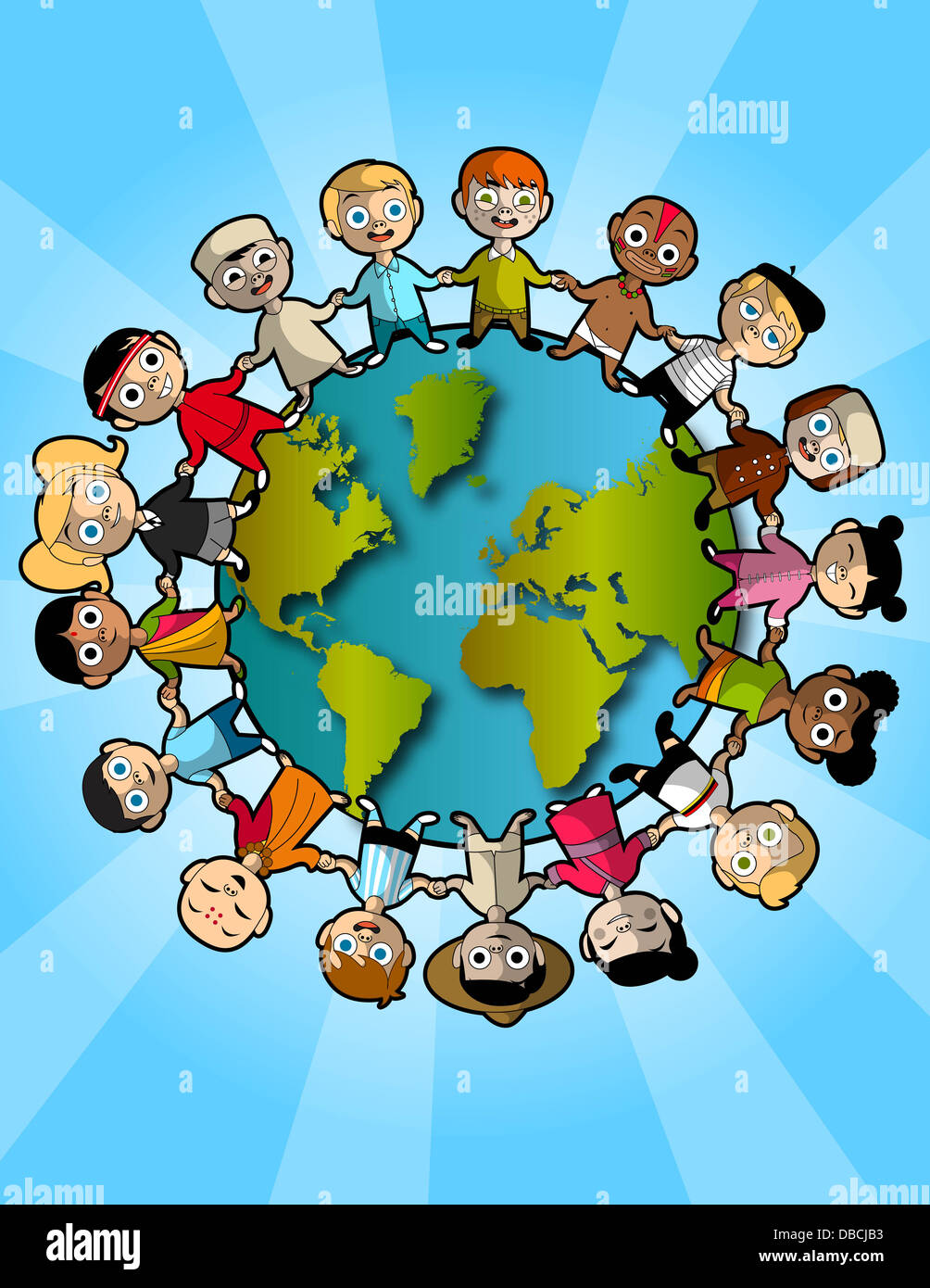 Illustration der Multi ethnischen Kinder stehen auf Planeten repräsentieren Teamarbeit Stockfoto