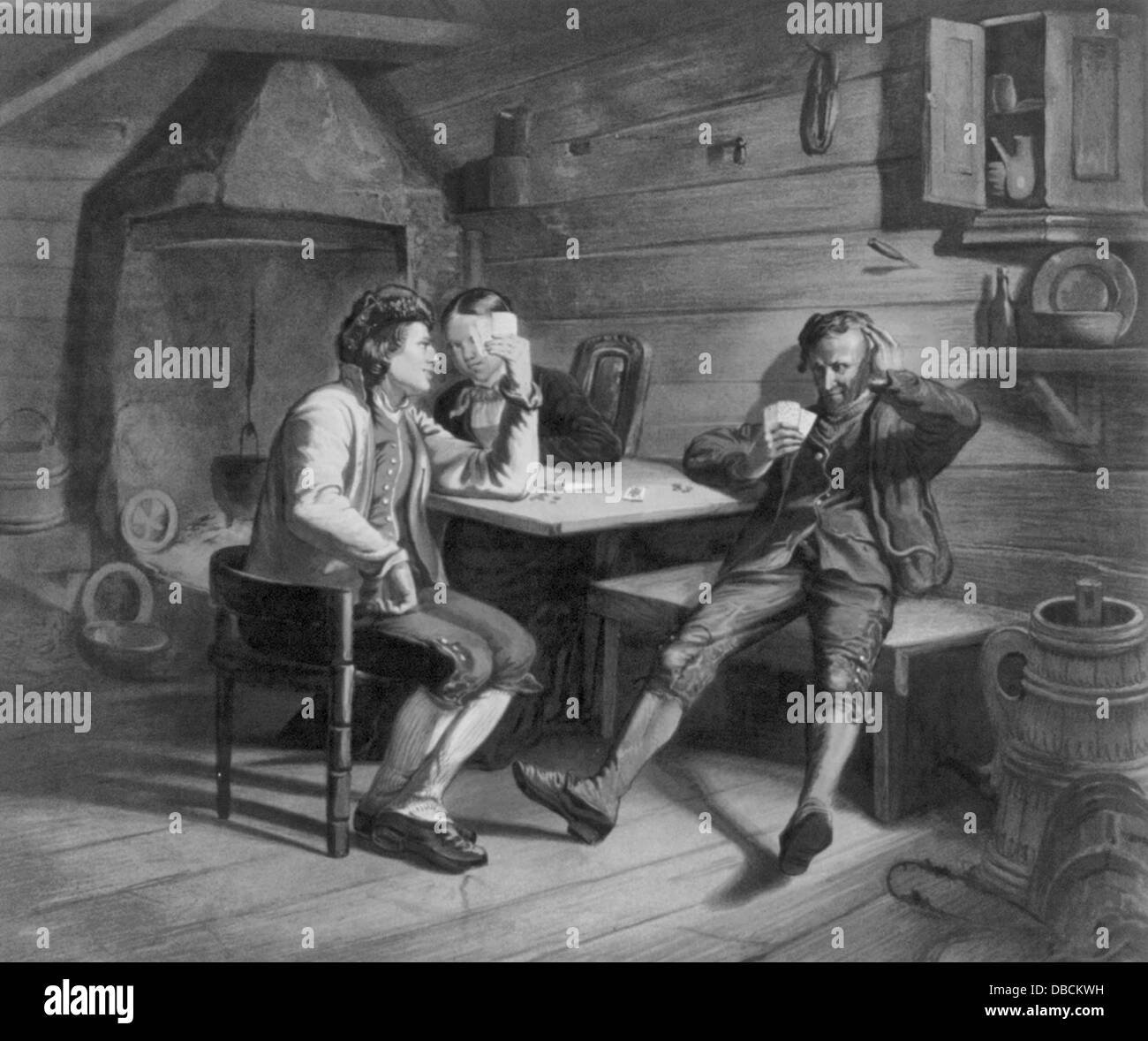 Männer spielen Karten - Vintage Illustration der drei Männer Spielkarten Stockfoto