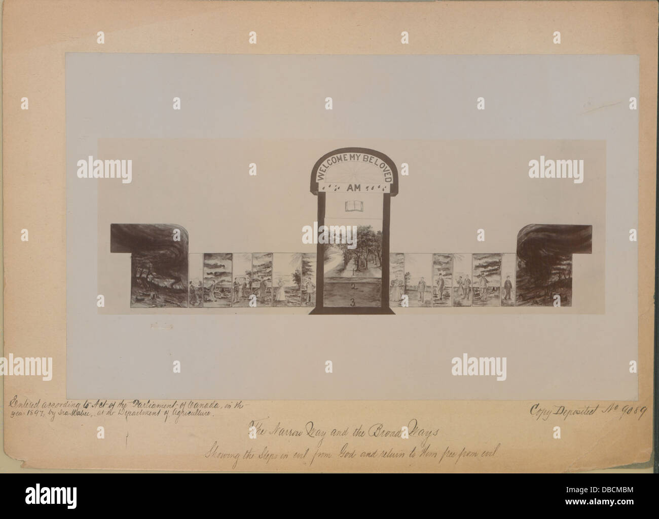 Diese Illustration zeigt das Konzept von zwei Pfaden: Der schmale Weg, der ein Leben frei von Böse darstellt, und der breite Weg, der die Schritte zum Bösen und zur Trennung von Gott symbolisiert. Das Bild spiegelt eine moralische Lehre über den Weg der Gerechtigkeit und die Folgen der Sünde wider. Stockfoto