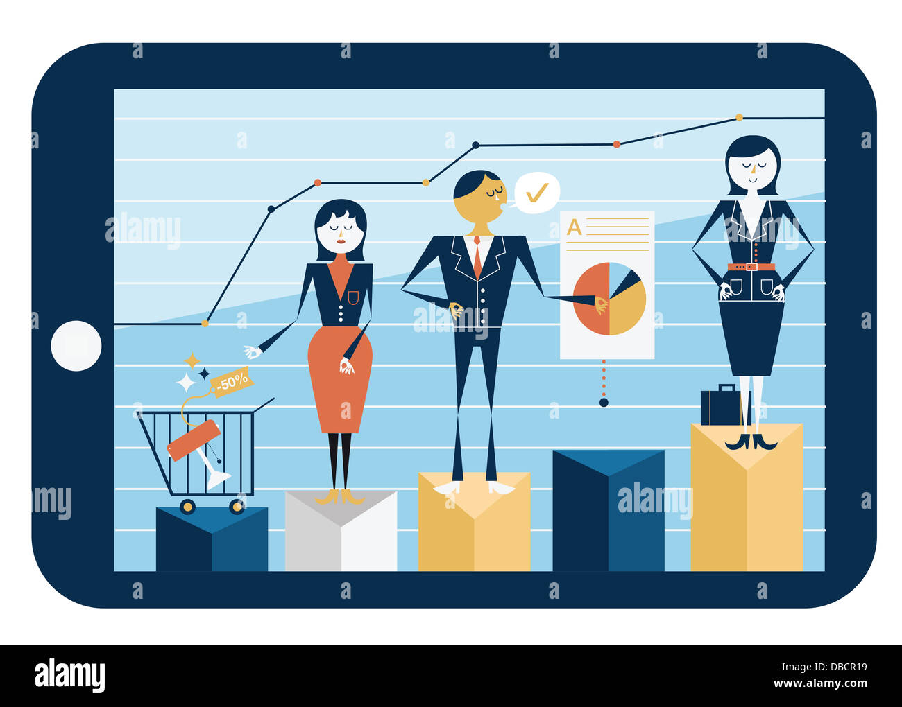 Anschauliche Darstellung von Menschen auf Balkendiagramm in digital-Tablette, Online-shopping Geschäft darstellt Stockfoto