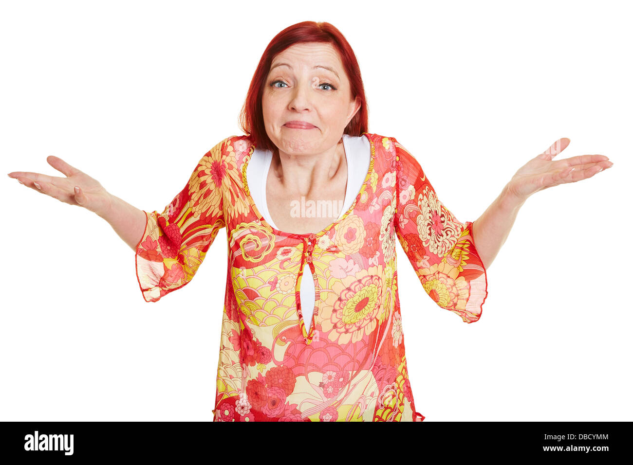 Ahnungslos ältere Frau zuckt mit den Schultern Stockfoto
