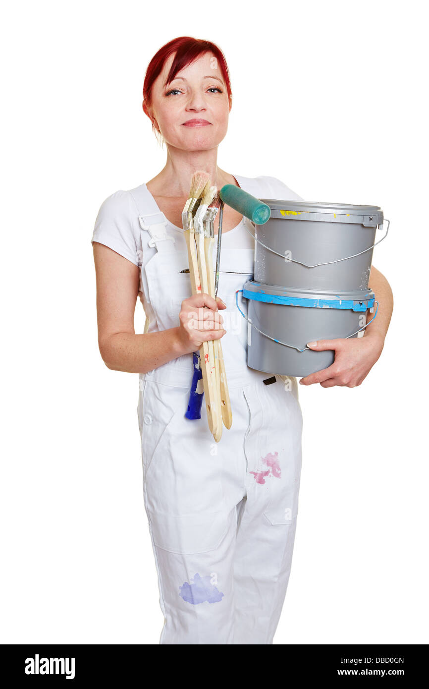 Malerin mit zwei Farbeimer und verschiedenen Pinseln Stockfoto