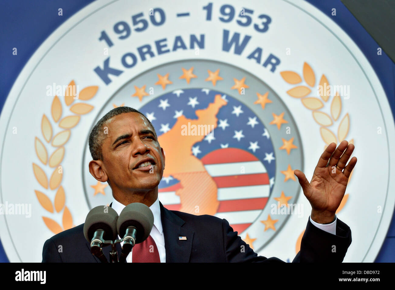 US Präsident Barack Obama liefert Bemerkungen während einer Veranstaltung anlässlich des 60. Jahrestages des Endes des Korea-Krieges am Korea-Krieg-Denkmal 27. Juli 2013 in Washington, DC. Stockfoto