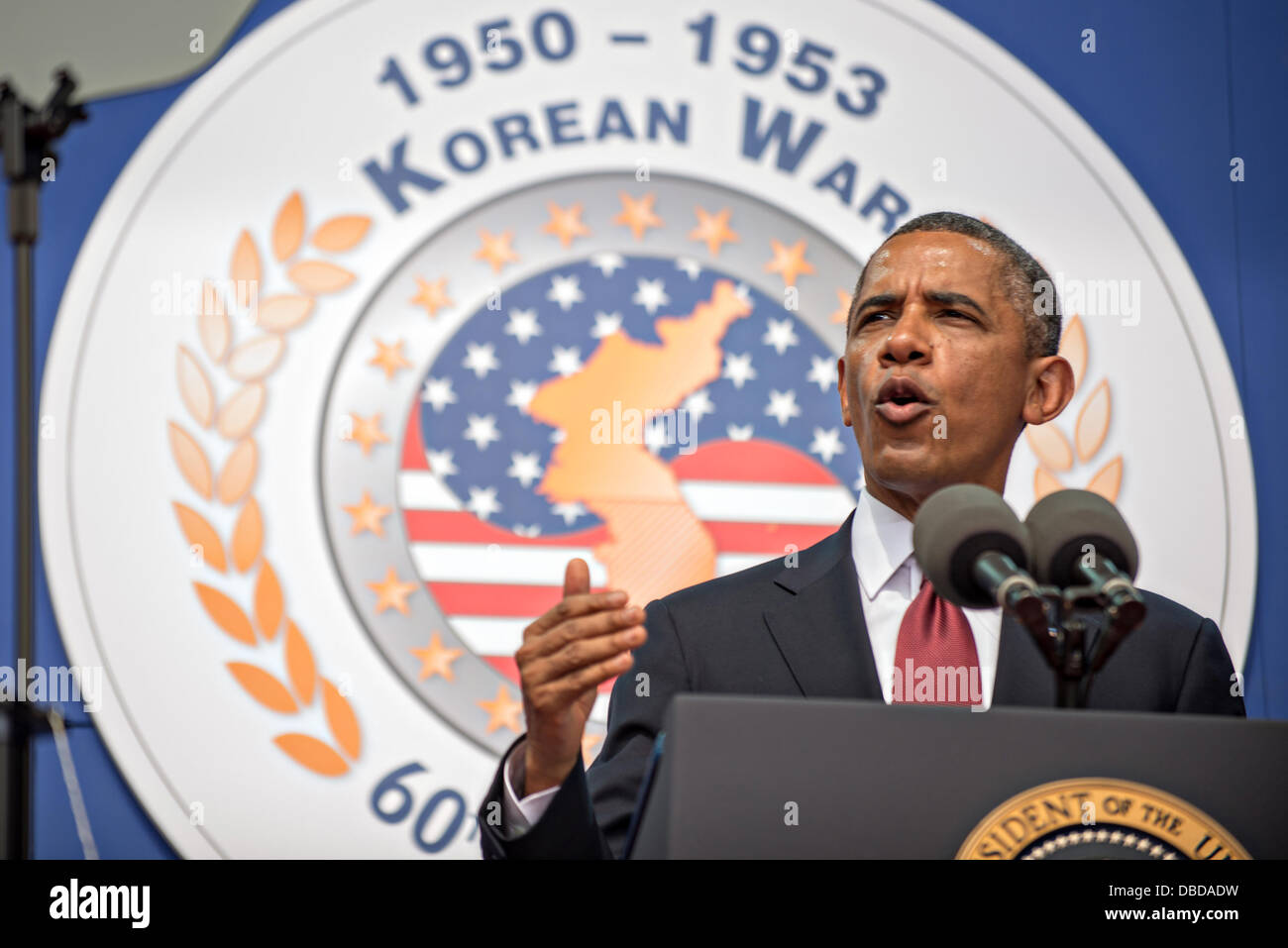 US Präsident Barack Obama liefert Bemerkungen während einer Veranstaltung anlässlich des 60. Jahrestages des Endes des Korea-Krieges am Korea-Krieg-Denkmal 27. Juli 2013 in Washington, DC. Stockfoto
