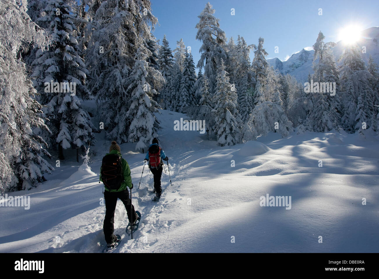 Schneeschuhwandern in Les Houches Stockfoto