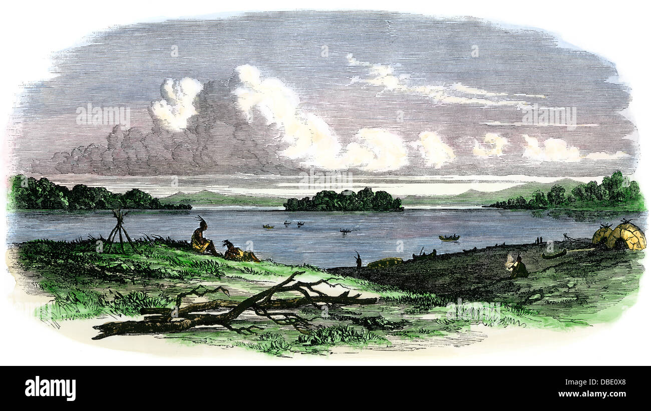 Der Native American Lager neben Sandy Lake, Minnesota, 1850. Hand - farbige Holzschnitt Stockfoto