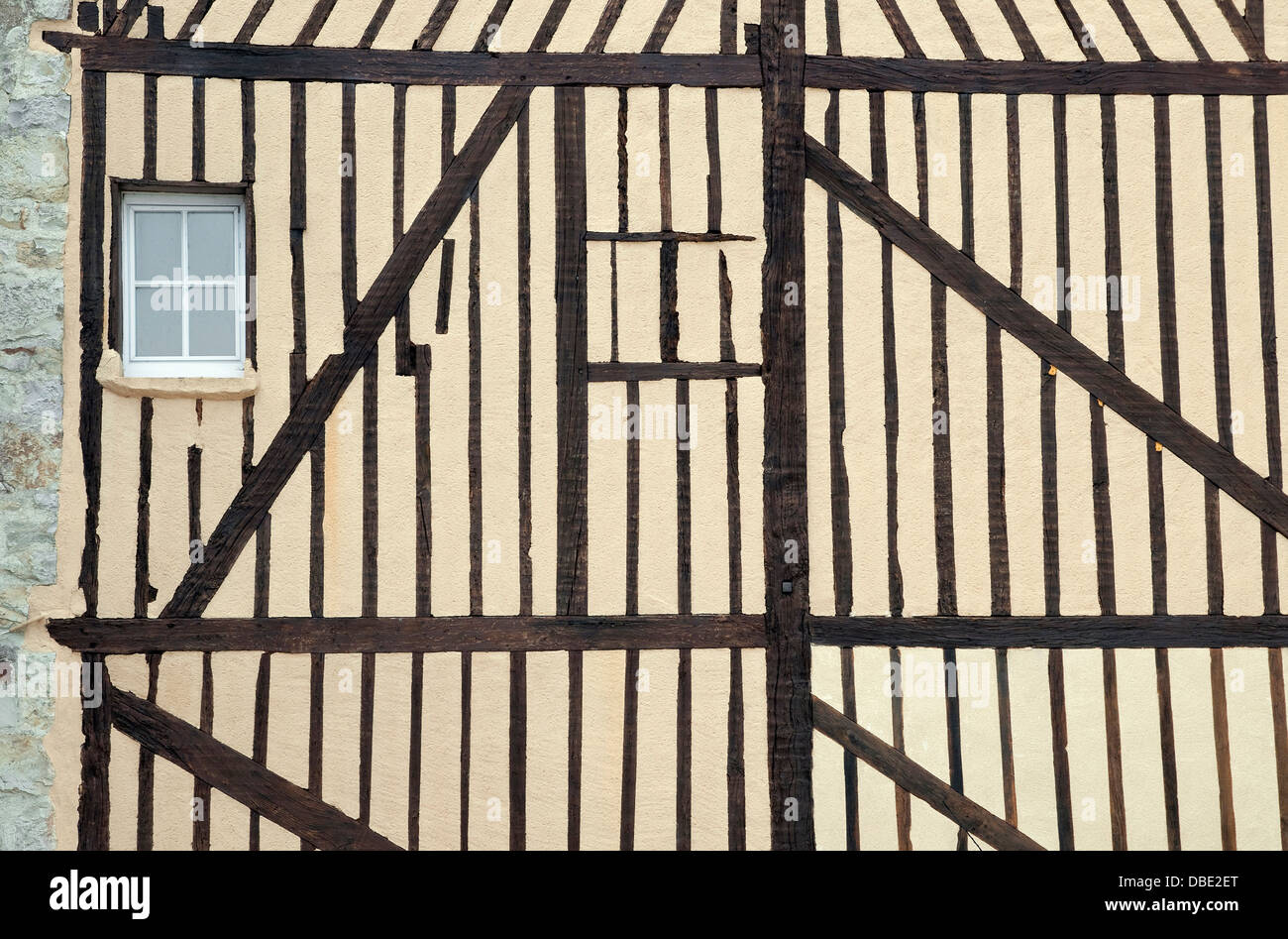 halbe Fachwerkhaus Gebäudewand, Domfront, Normandie, Frankreich Stockfoto