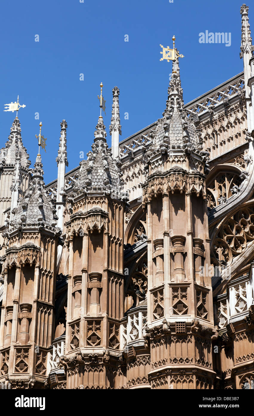 Close-up zeigt die architektonischen Details der Henry VII Lady Chapel, Westminster Abbey, London Stockfoto