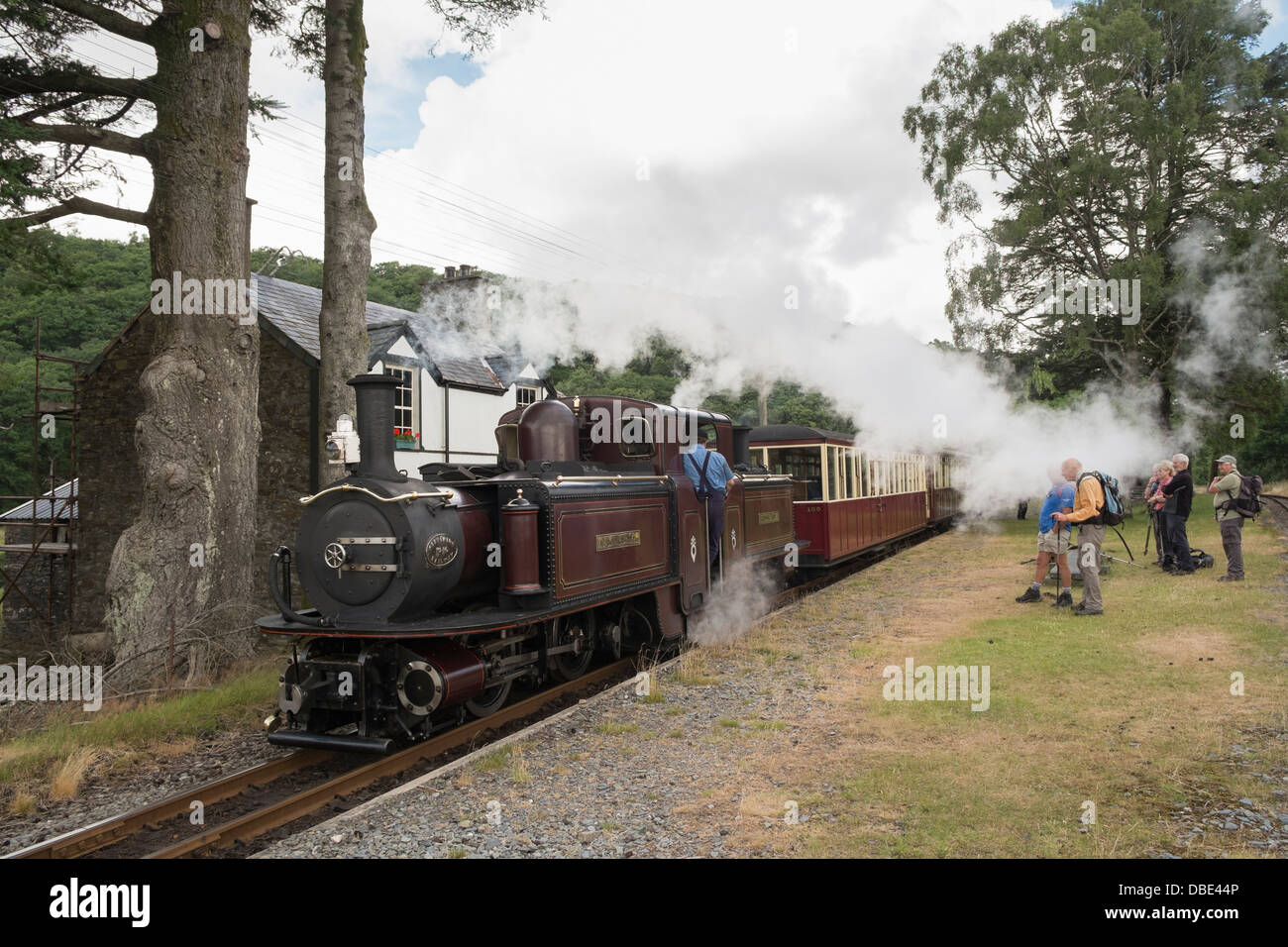 Menschen und Dampf Zug in der Station Dduallt Erbe wieder Eisenbahn in Snowdonia-Nationalpark, Gwynedd, Nordwales, UK Stockfoto