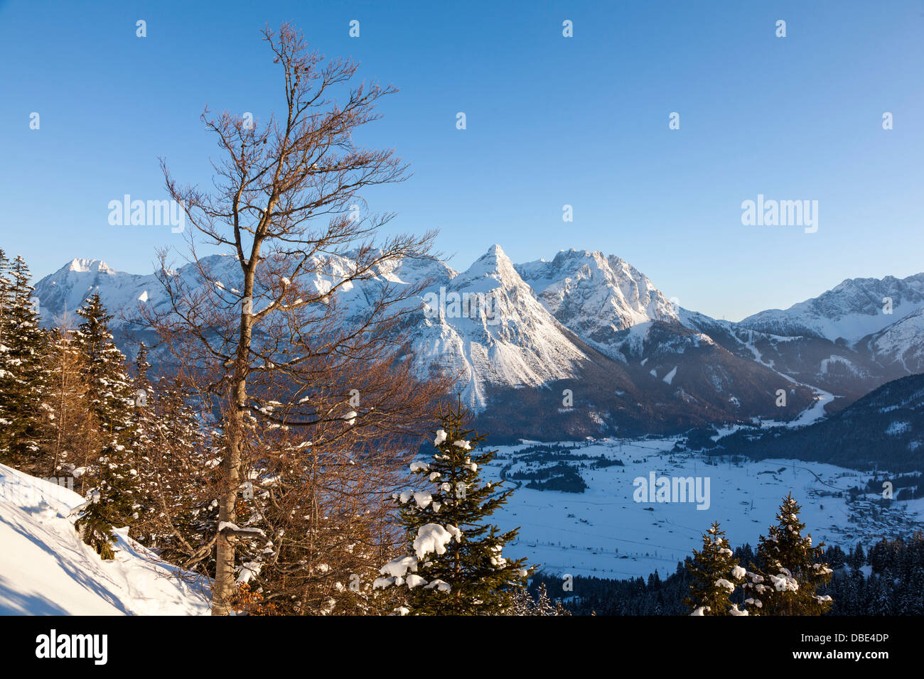 Österreich, Tirol, Ehrwald. Mieminger Gebirgskette im Winter mit viel Schnee. Stockfoto