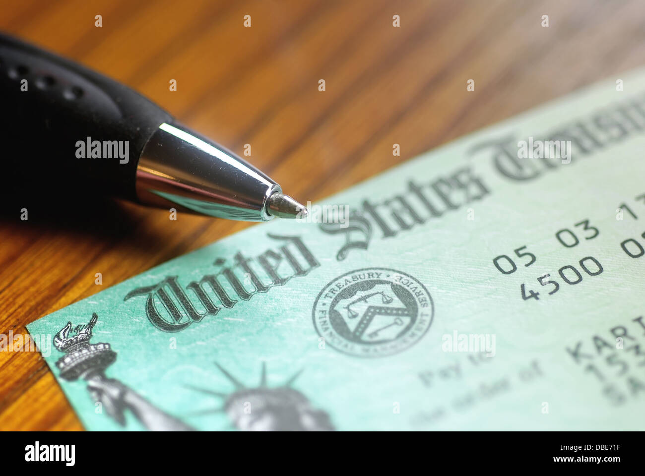 Scheck von der United States Treasury Stockfoto